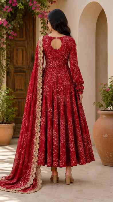 Women's Bandhani Print Flared Anarkali Muslin Kurta Set with Pant & Stylish Dupatta Ethnic Back